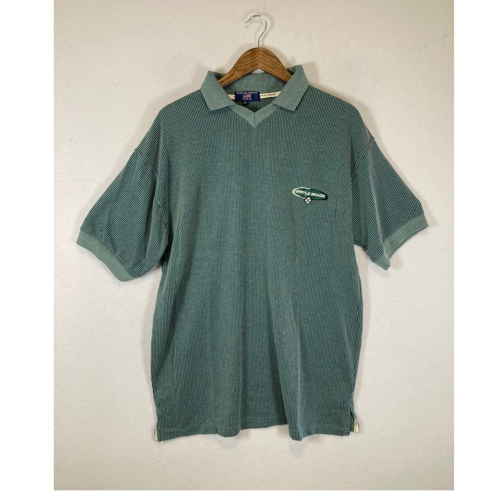 Vintage Ocean Drive Mens XL Green Ribbed Myrtle Beach V-Neck‎ Polo Shirt